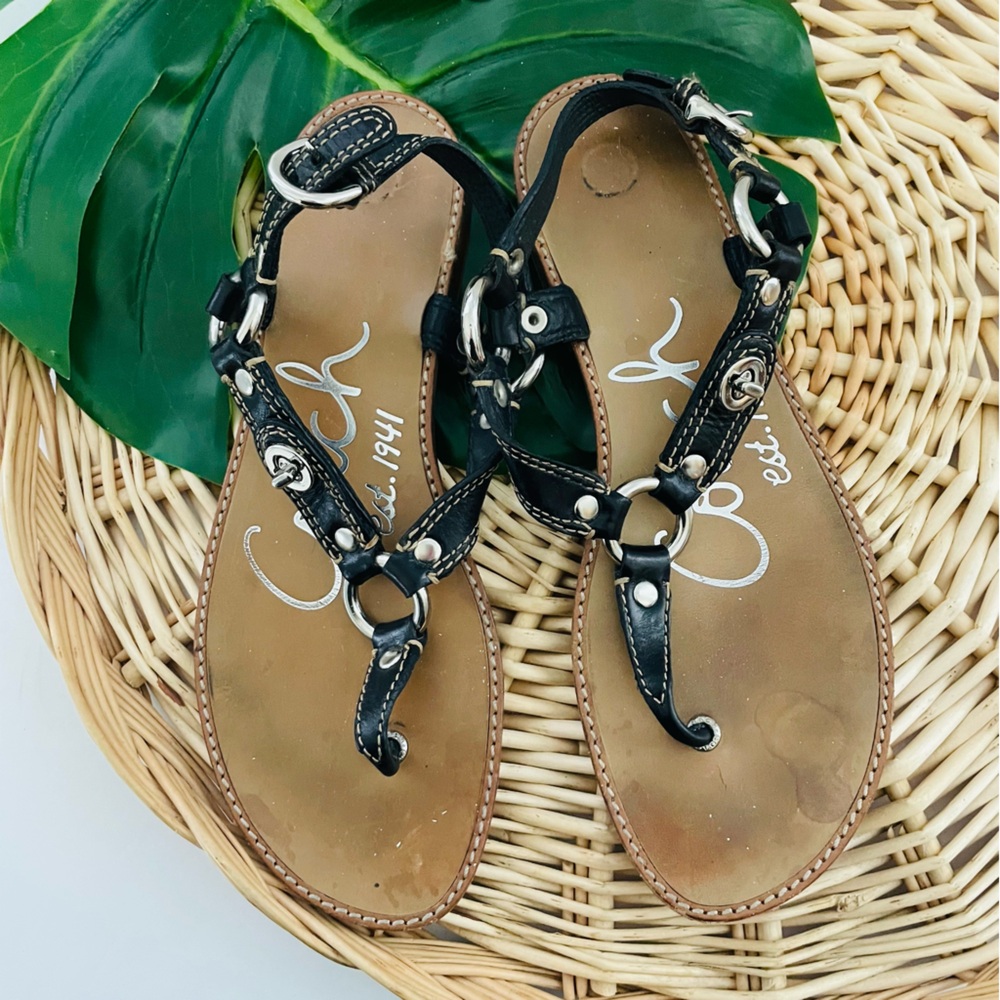 Coach Raiven Hardware Turnlock Flat Sandals Black Leather adjustable strap SZ 8 - Picture 2 of 12